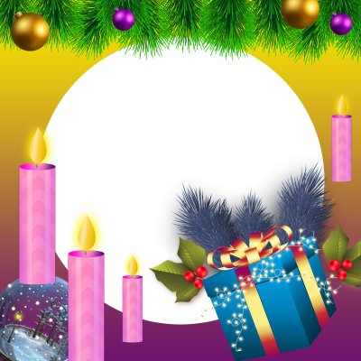 Merry Christmas with Candle, Pine Tree and Gift Box