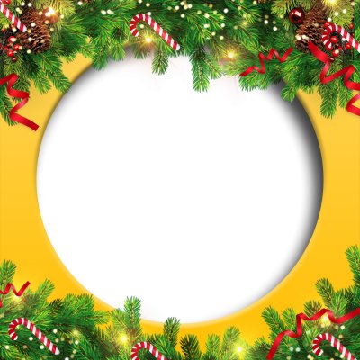 Buon Natale con sfondo giallo, albero di pino e caramelle