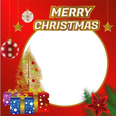 Merry Christmas with Gold Christmas Tree and Gift Box