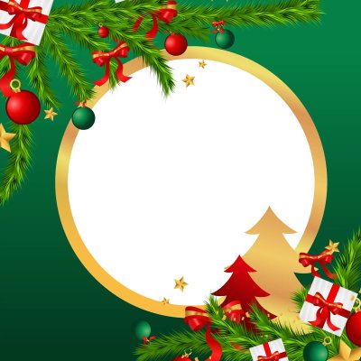 Merry Christmas and Happy New Year with Green Background Round Golden Frame