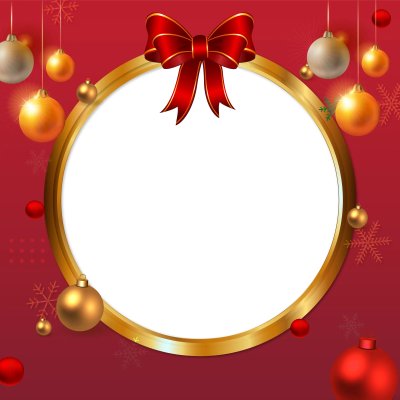 Merry Christmas and Happy New Year with Red Background Round Golden Frame