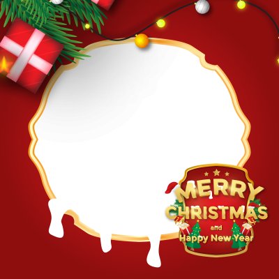 Merry Christmas and Happy New Year with Red Background Round Golden Frame