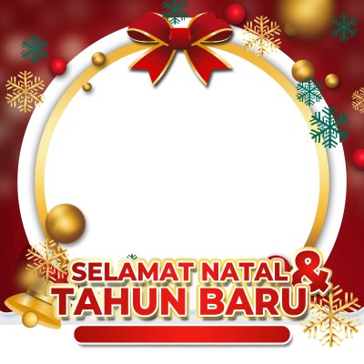 Merry Christmas and Happy New Year Indonesian with Red Background and Ribbon Frame