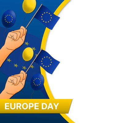 Feliz Dia da Europa, 9 de maio, com bandeira, balão e mãos