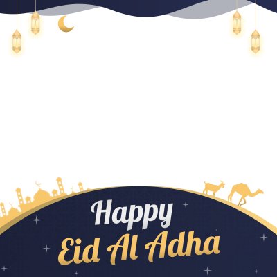 Twibbon Happy Eid al-Adha with Mosque, Camel, Goat and Four Lanterns