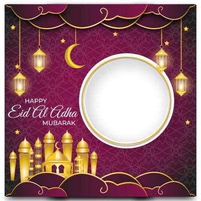 Twibbon Happy Eid al-Adha with Purple Background, Mosque and Lanterns