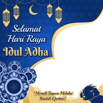Twibbon feliz Eid al-Adha fundo azul alcançando Taqwa por meio da adoração Qurbani