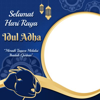 Twibbon feliz Eid al-Adha com duas lanternas e uma cabra