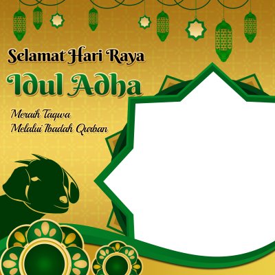 Twibbon feliz Eid al-Adha alcançando a piedade por meio da adoração do Alcorão com fundo dourado