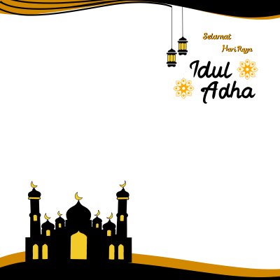 Moldura preta Twibbon Happy Eid al-Adha com uma mesquita e duas lanternas