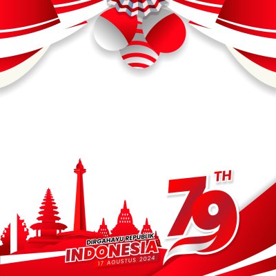 Dia da Independência de Twibbon Indonésia 79 de 2024 com balões, Monas e templo balinês